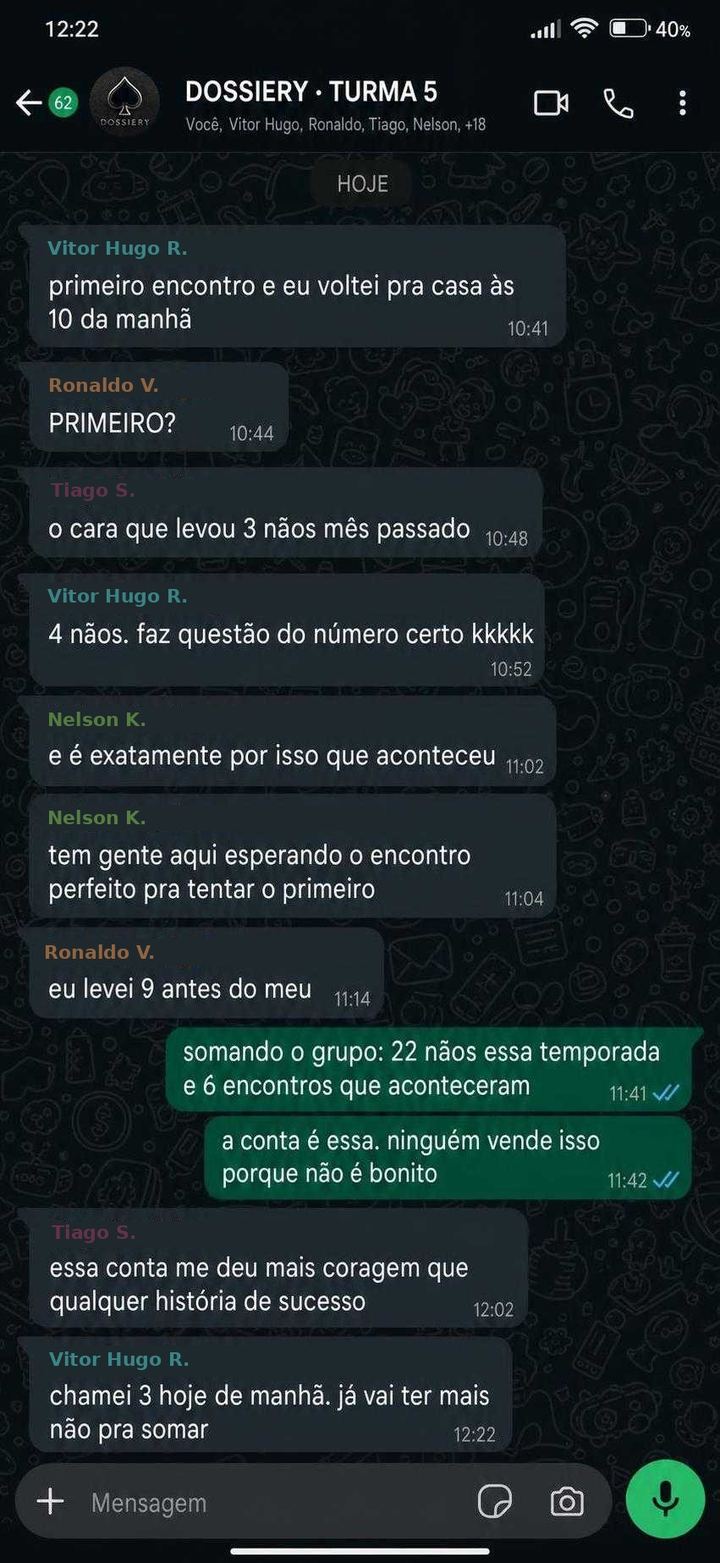 Conversa do grupo Turma 5: o somatório da temporada aparece escrito — vinte e dois convites recusados para seis encontros que aconteceram.