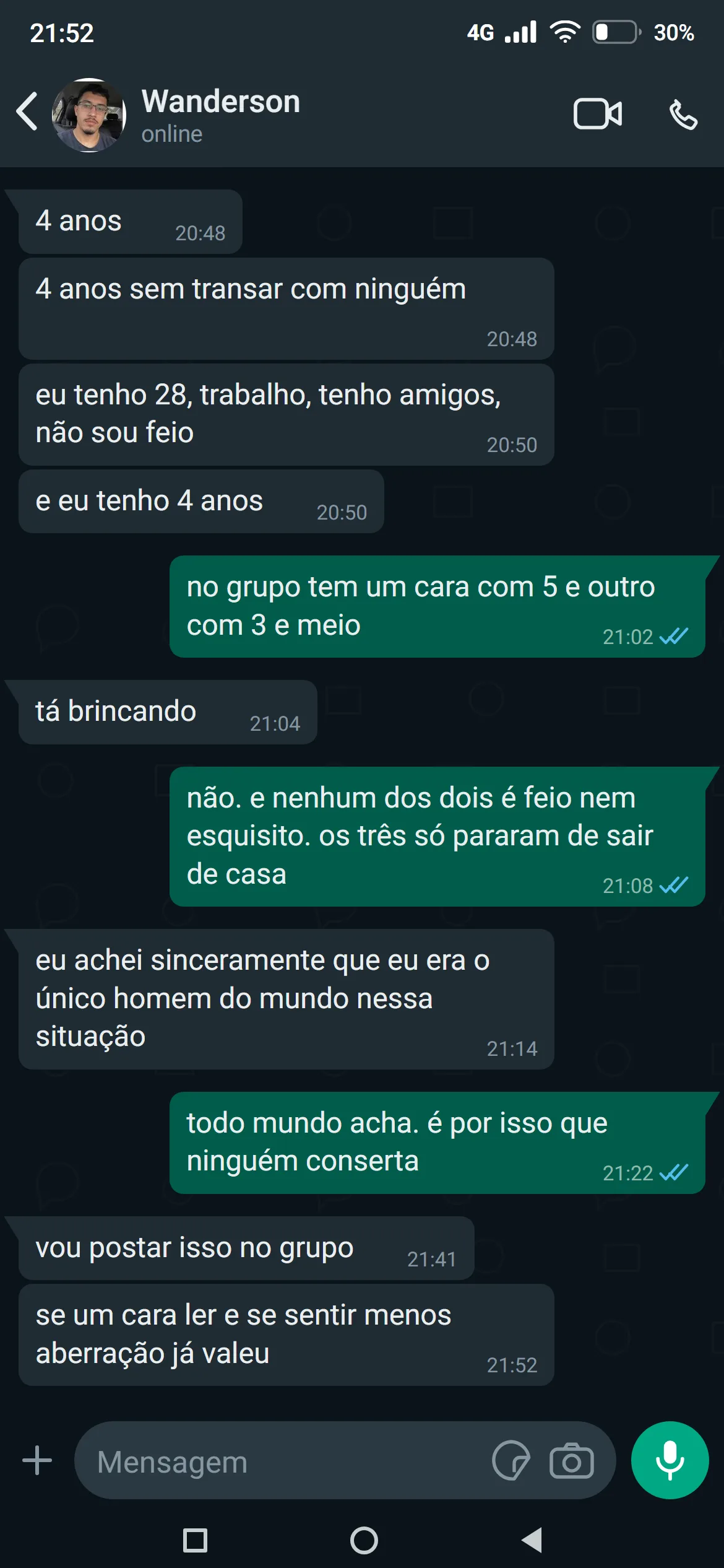 Conversa em que um homem de 28 anos conta que está há quatro anos sem transar, descobre que outros dois do grupo estão há mais tempo, e pede para publicar a própria conversa para que outro se sinta menos sozinho.